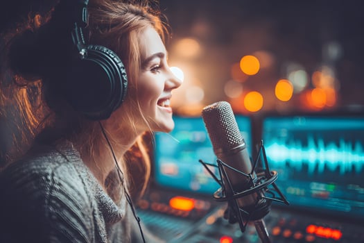 A woman in headphones is singing into a microphone photo