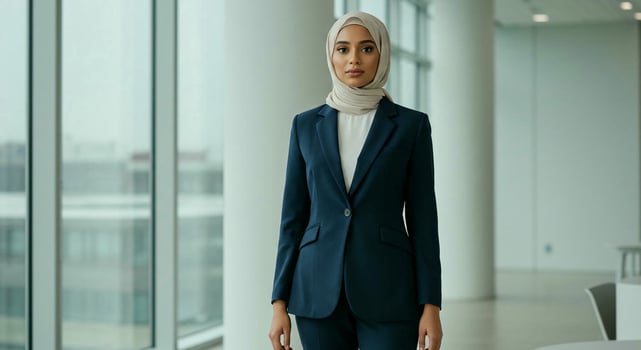 Portrait of muslim businesswoman in hijab and suit Diverse positive young female leader, photo