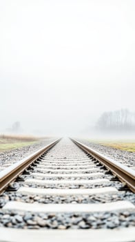 A captivating photographic study of railway tracks disappearing into a dense fog, evoking a sense of serene journey and the endless possibilities of the path ahead. photo