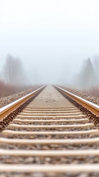 Enigmatic Railway Tracks Disappearing into Dense Fog A Journey into the Misted Horizon, Evoking Solitude and Infinite Possibility photo