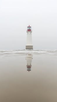 Iconic Lighthouse Standing Solitary Amidst Gentle Waves with a Perfect Reflection on the Misty Shoreline, a Tranquil Coastal Beacon for Maritime Navigation. photo