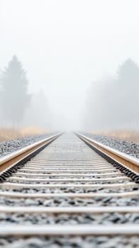 Misty Railway Tracks Disappearing into Foggy Horizon A Serene Journey Through a Tranquil, Atmospheric Landscape with Vanishing Point Perspective photo