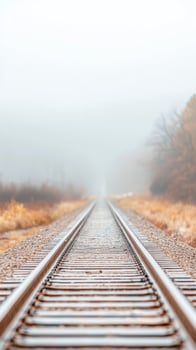 Misty Autumn Railway Tracks Vanishing into Foggy Horizon A Serene Rural Journey Through a Tranquil, Atmospheric Landscape with Leading Lines photo