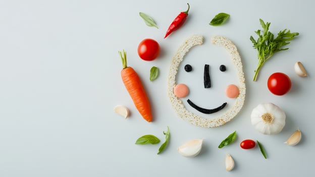 Healthy food arrangement creates a cheerful face with vegetables on a light background, showcasing creativity in cooking photo