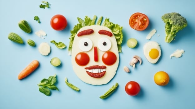 Creative vegetable arrangement resembling a face on a blue background with playful expressions photo