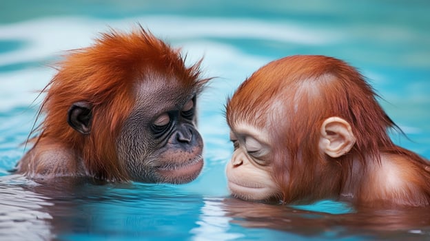Playful baby orangutans interact beautifully in a calm water environment at a wildlife sanctuary during the afternoon photo