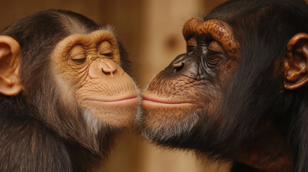 Two chimpanzees engaged in affectionate interaction in natural habitat during sunny day photo