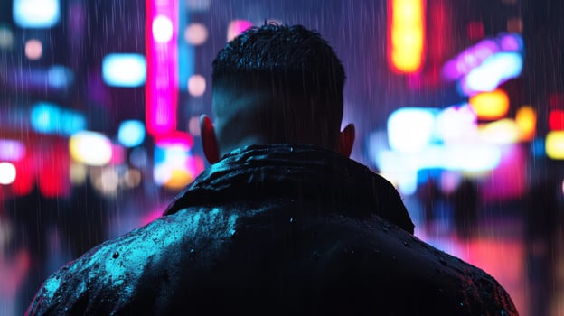 Man in wet leather jacket stands under neon lights during rain in urban environment at night photo
