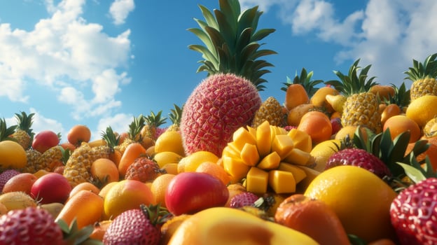 Vibrant assortment of tropical fruits under a clear blue sky featuring pineapples, mangoes, and citrus varieties photo