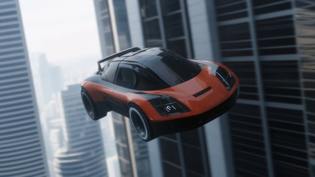 Flying futuristic car soaring through city skyline with skyscrapers in background at dusk photo