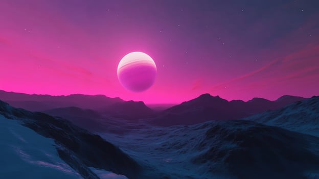 Stunning cosmic landscape featuring a large distant planet against a vibrant pink and purple sky at twilight photo