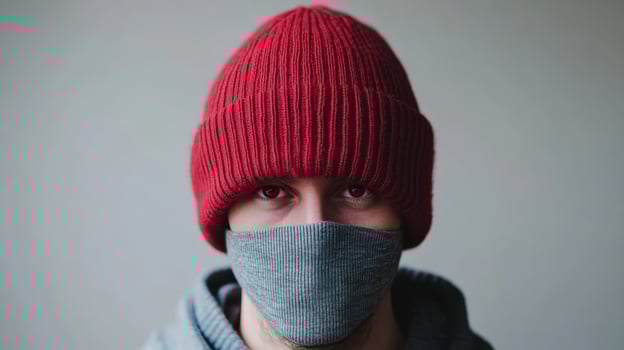 Young man wearing a red beanie and gray mask in a neutral background during the pandemic photo