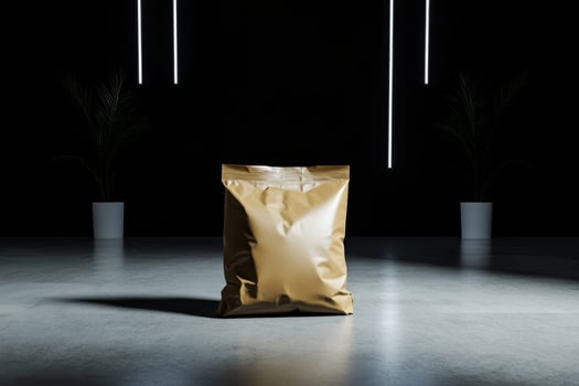Brown packaging bag displayed in a minimalist studio with dramatic lighting and shadows photo