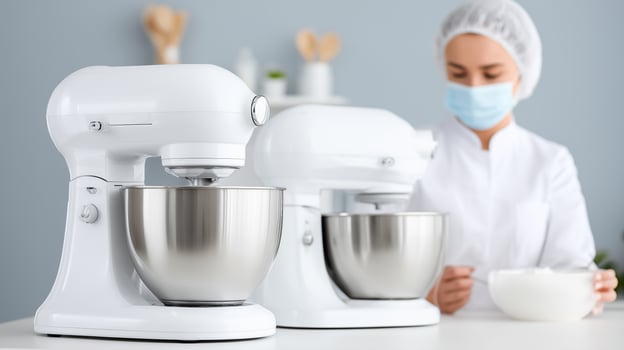 Professional baker in white uniform and mask working with stand mixer in commercial kitchen. Food preparation equipment for pastry and confectionery business production. photo