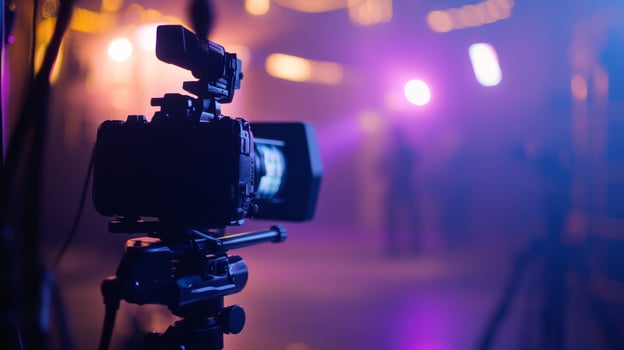 Camera setup in a vibrant event space with colorful lighting creating a cinematic atmosphere during a live performance photo