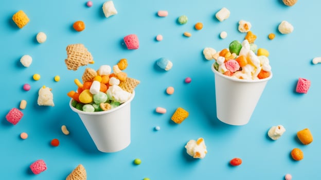 Colorful candy and popcorn scattered around two cups on a blue background creating a playful and vibrant atmosphere for snacks photo
