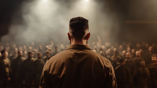 Military leader addresses troops during a motivational event in a dimly lit venue filled with anticipation and camaraderie photo