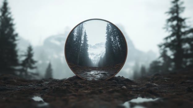 Reflection of a misty forest landscape captured through a circular mirror in the wilderness photo