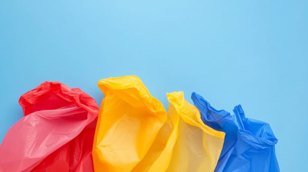 Colorful plastic bags arranged artistically against a bright blue background showcasing vibrant hues for a creative composition photo