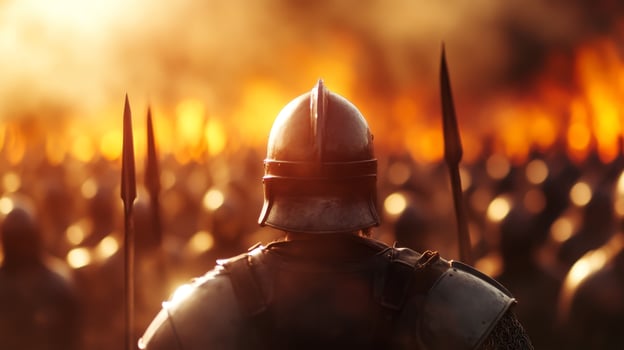 Warrior stands ready at dawn before a fierce battle amidst rising flames and an army of soldiers in the background photo