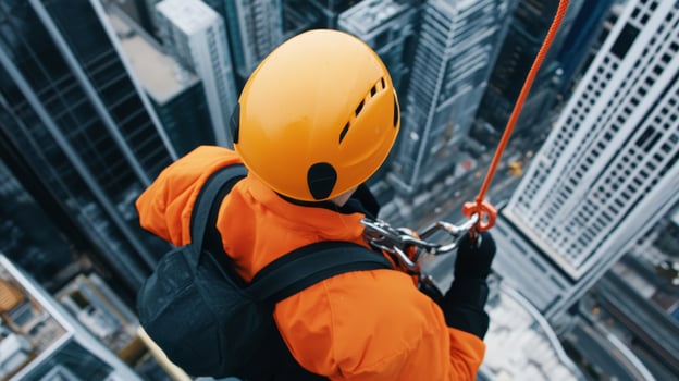 Professional worker rappelling down a high-rise building in a busy city during daylight hours photo