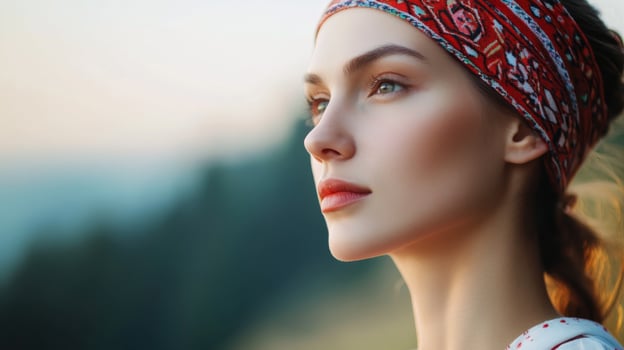 Portrait of a woman with a vibrant headband enjoying nature in soft evening light near a mountain landscape photo