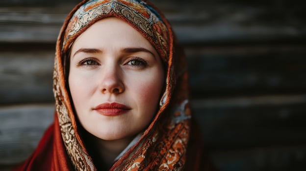 Portrait of a woman wearing a vibrant scarf with intricate patterns, standing against a rustic wooden background in natural light photo
