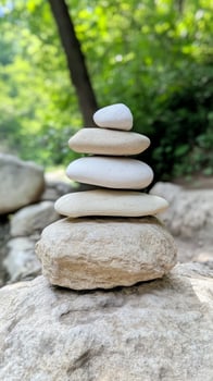 Stacked stones in a serene natural setting, symbolizing balance and tranquility. A peaceful outdoor composition for meditation and mindfulness. photo