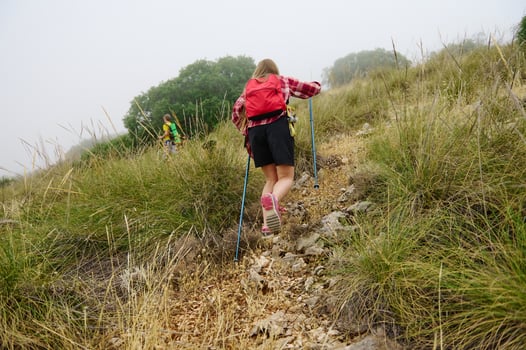 Outdoor Adventure Featuring Hikers Traversing a Grass-Covered Mountain Trail on a Foggy Day photo