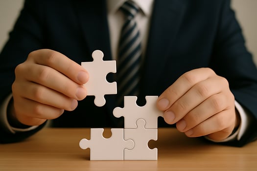 Hands assembling white puzzle pieces image photo