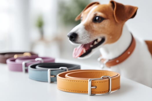 Colorful dog collars displayed with a happy dog on a white surface, ideal for pet lovers and accessorizing photo