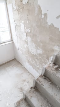 Gritty Concrete Stairwell and Peeling Plaster Wall in an Unfinished Building Interior, Capturing the Essence of Renovation and Urban Decay photo