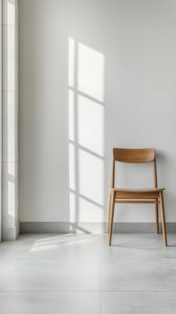 Minimalist Wooden Chair in a Bright, Sunlit Room with Clean White Walls and Grey Tiled Floor, Evoking Serenity and Modern Interior Design. photo