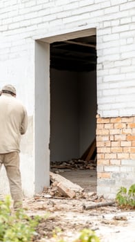 Construction Worker at Building Site A compelling view of a worker near a doorway, revealing exposed brick and scattered debris, symbolizing urban transformation photo