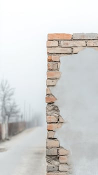 Weathered Brick Wall with Peeling Plaster on a Foggy Day A Study in Urban Decay and Atmospheric Desolation. Textured Surface and Misty Road Background photo