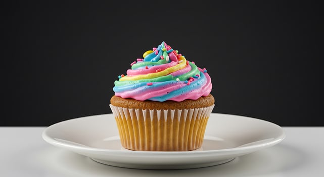 A cupcake with rainbow frosting on top on a white plate photo