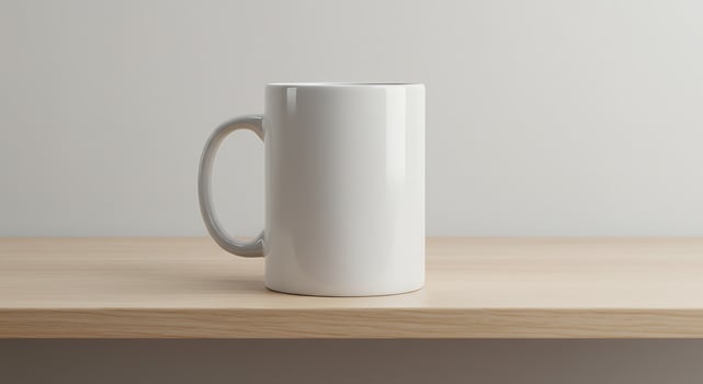A white mug on a wooden shelf photo