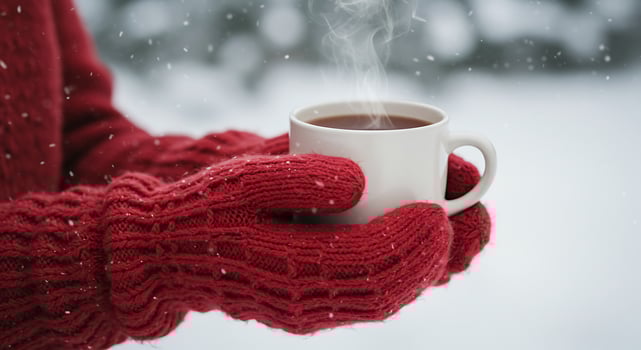 A person in red mittens holding a cup of hot coffee photo