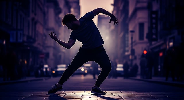 Dancer performing in urban silhouette photo