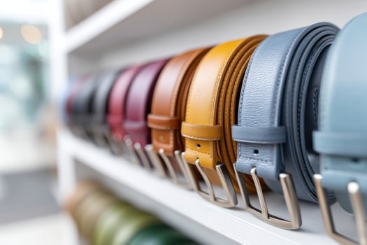 Stylish belts displayed in a bright room with colorful designs and ample copy space for text photo