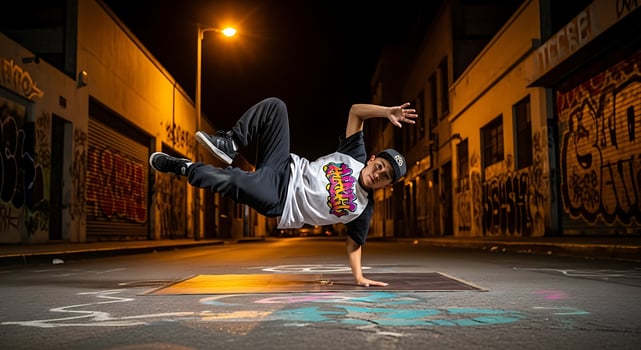 Breakdancer performing in urban area at night photo
