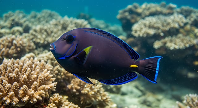 A blue and black fish swimming over coral photo