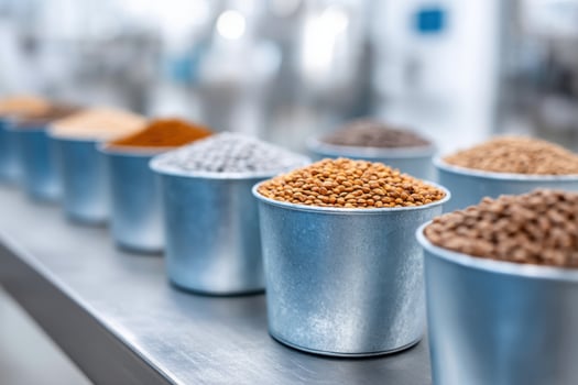 Close-up of various buckwheat products in a vibrant production environment showcasing rich textures and colors photo