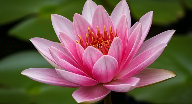 A pink lotus flower is shown in front of green leaves photo