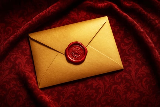 Golden envelope sealed with red wax stamp lying on red velvet fabric with floral pattern, top view photo
