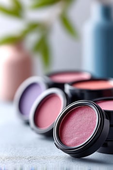 Close-up of beautiful blush shades in packaging on colorful backdrop with space for marketing text photo