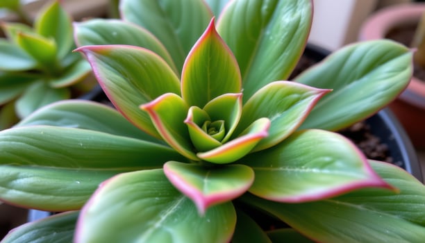 close up view of a thick leaved jade plant with smooth green surface and slight red edging near the tips. photo