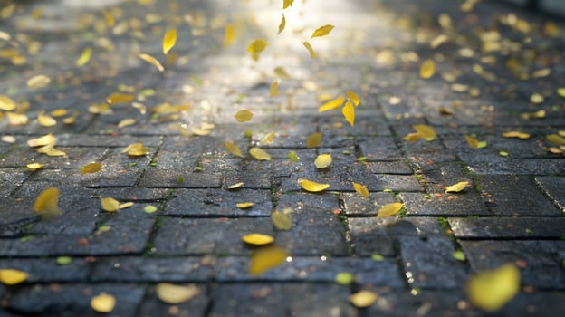 Vibrant fallen golden carpeting wet cobblestone pavement, leaves sunlight illuminating autumnal landscape photo
