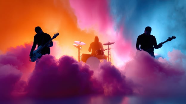 Silhouette of band playing on stage with colorful smoke photo