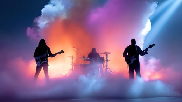 band playing on stage with colorful smoke photo